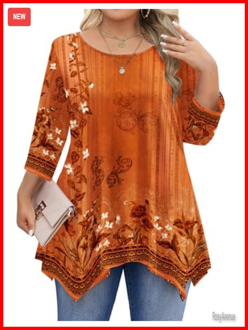 Plus Size 3/4 Sleeve Tunic Top Flowy Round Neck Casual Shirt